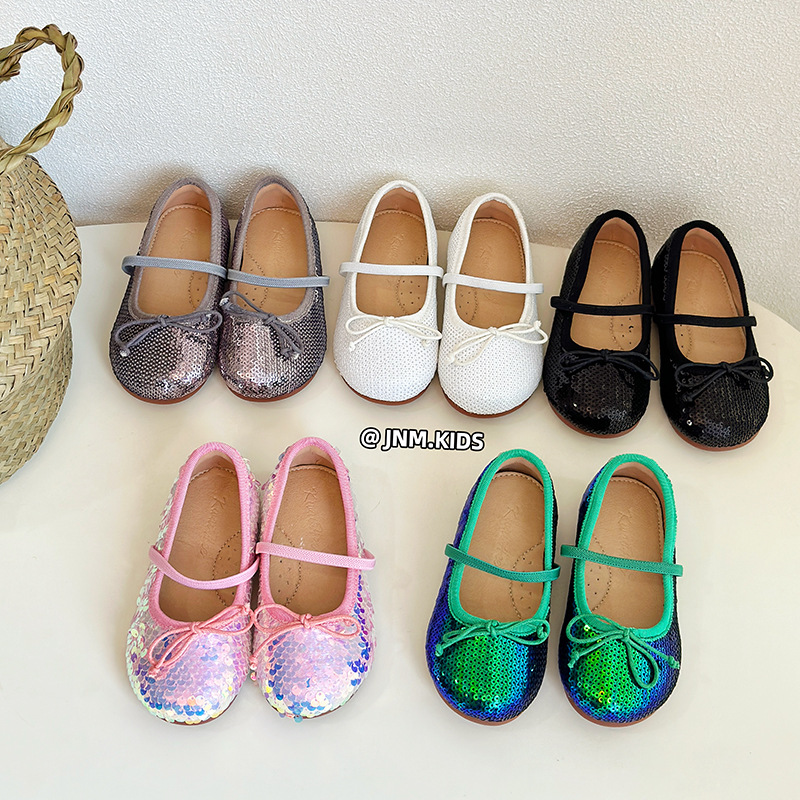 Korean Style Girls Princess Shoes Mermaid Shallow Mouth Shoes Spring and Autumn Children's Performance Leather Shoes Sequin Flat Ballet Shoes