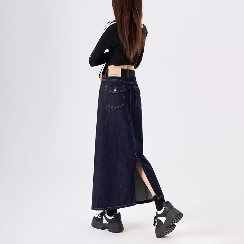 Dark Blue Denim Denim Skirt Long Women's Spring & Fall 2025 New High-Waist Elastic A-Line Straight One-Step Skirt