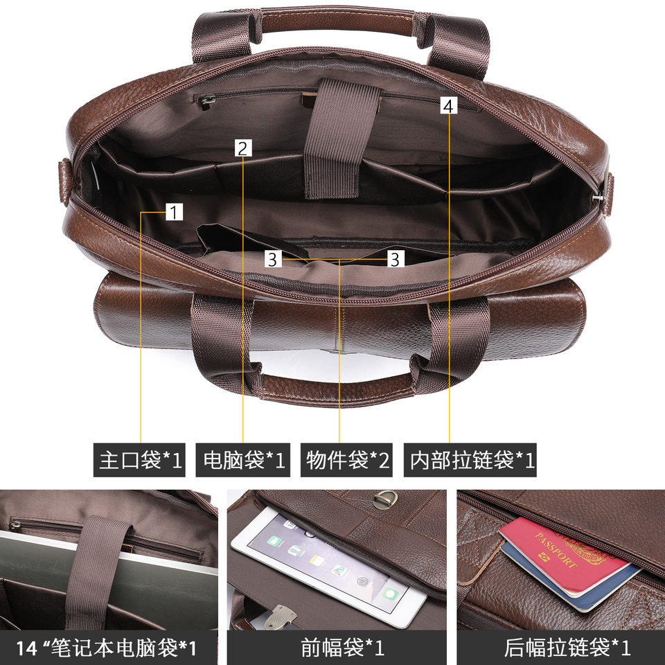 Cặp công sở nam da bò thật cổ điển dạng xách tay đựng vừa laptop 14 inch, dung lượng lớn — Cà phê đậm, Màu cà phê, Màu đen
