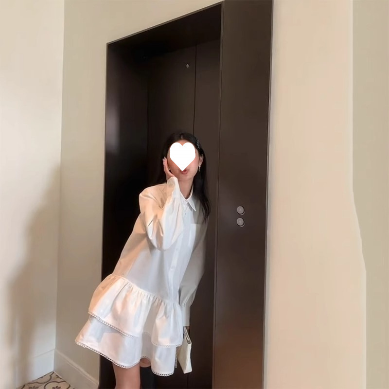 New Style Women's Lace Trim Niche A-Line Dress Spring Long-Sleeve White Shirt Dress