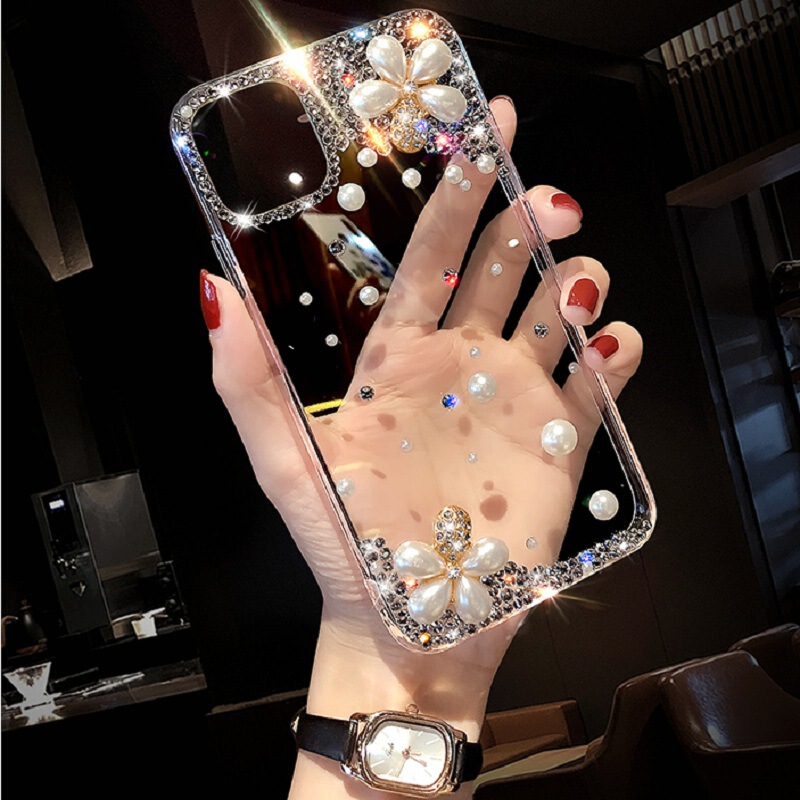 For Apple 16 Mobile Phone Case Rhinestone iphone11 Transparent 14pro Pearl Flower New 13PM Protective Case 15