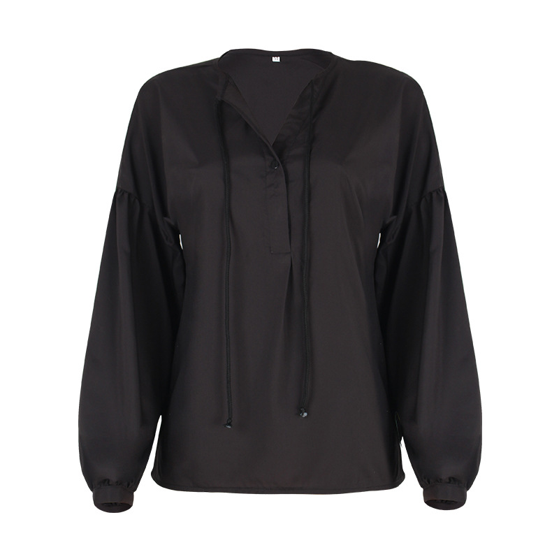 solid color V-neck horn-sleeved casual top NSKX36815