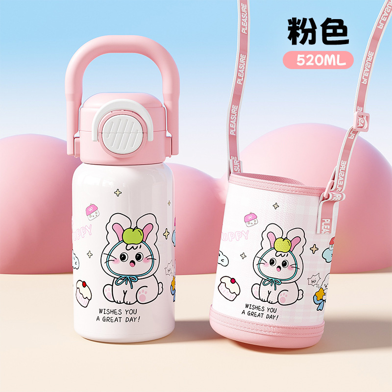 316 cartoon stainless steel dual-drink creative children's thermos cup with portable straw and cup sleeve, factory wholesale 316 cartoon stainless steel dual-drink creative children's thermos cup with portable straw and cup sleeve, factory wholesale