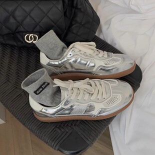 Genuine Leather Vintage Stitching Round Toe Platform Shoes Women's 2024 New Summer Mesh Breathable Silver Forrest Gump Shoes