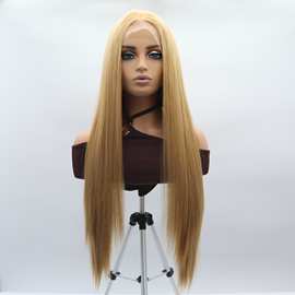 跨境外贸假发女 欧美cos前蕾丝手织中分金色长直发wigs化纤全头套