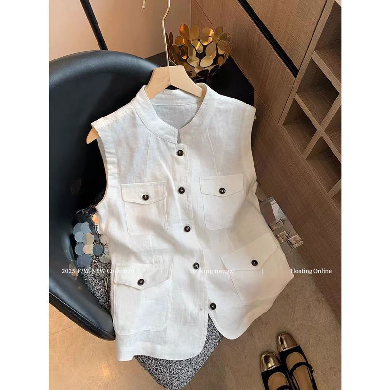 Old Money Style White Stand Collar Sleeveless Vest Top for Women 2025 New Fashionable Simple Elegant Slim Vest