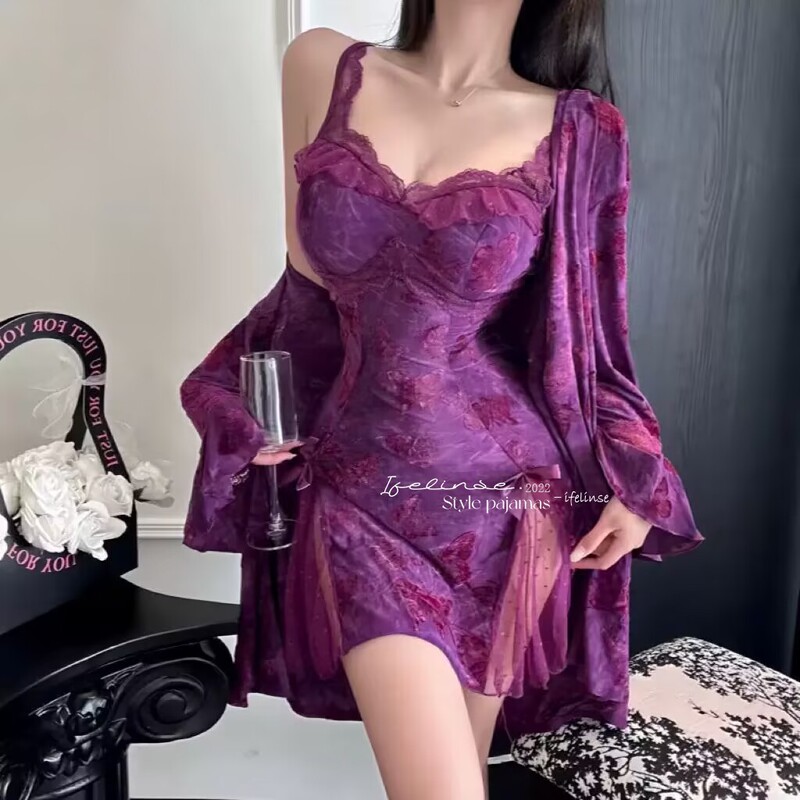 Sexy Lingerie Sexy New Breast Pad Purple Butterfly Print Backless Plus Size Nightdress Home Clothes Qqny Women