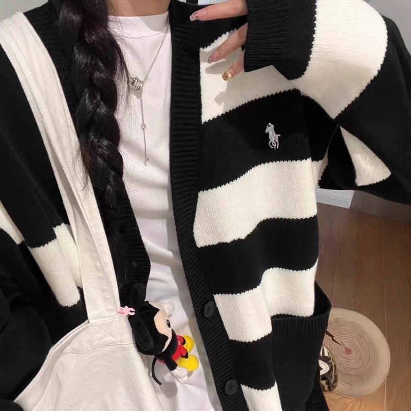 韩版毛衣外套秋冬季新款女装宽松慵懒黑白条纹针织女装开衫|undefined