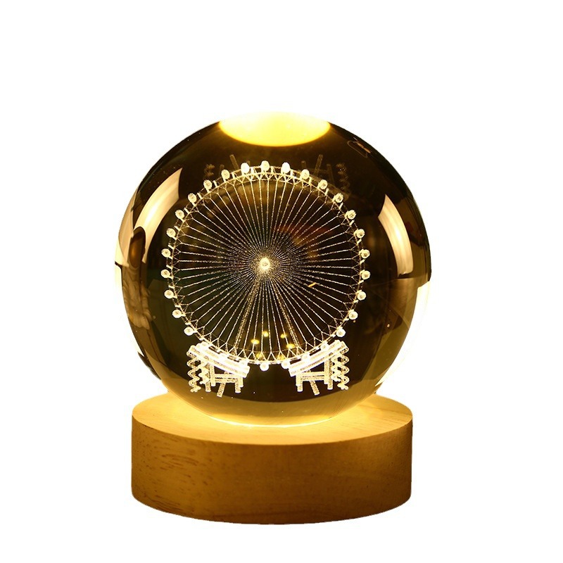 Bola de cristal 3D de la Vía Láctea — grabado interno luminoso con base de madera, luz nocturna decorativa creativa
