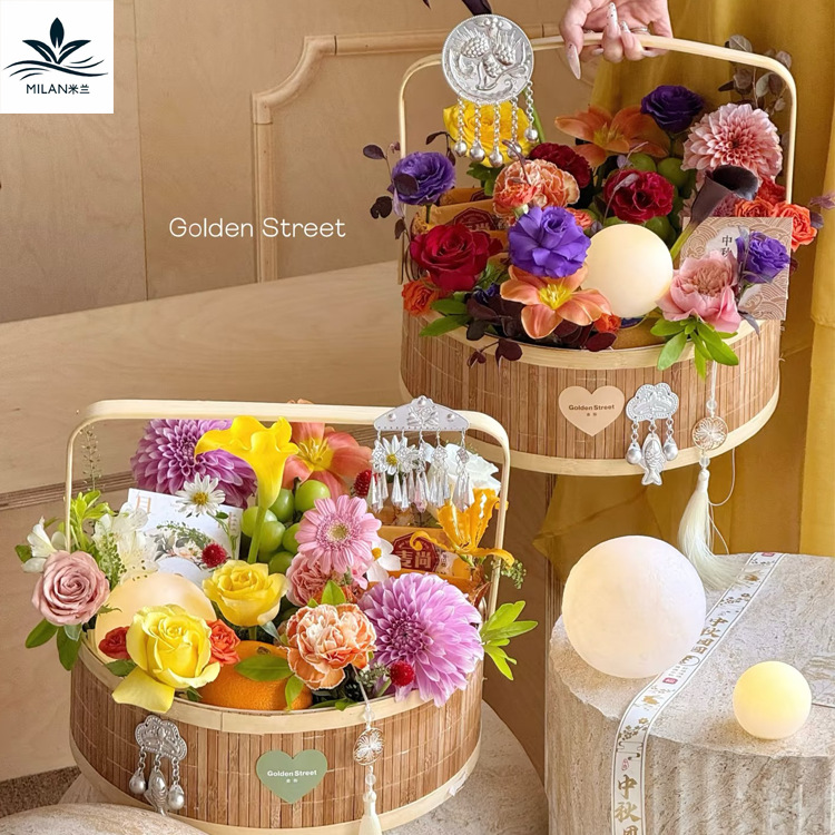 Cestas de flores de tejido de mediano otoño de bambú tejido de paja de flores portátiles canasta de huevos para bebés decoración casera canasta de flores