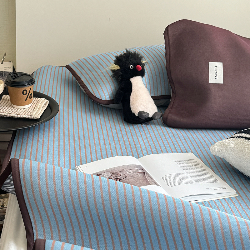 Ins-Style Minimalist Summer Striped Cooling Mat Three-Piece Set with Contrasting Colors and Mixed Styles, Cool Silk Ice Silk Soft Mat for Student Dormitory