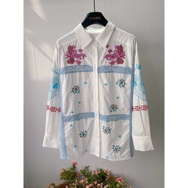Danish Niche Brand~ Heavy Embroidery Floral Shirt for Women, Loose White Long-Sleeve Lace Patchwork Turn-Down Collar Pure Cotton Top Danish Niche Brand~ Heavy Embroidery Floral Shirt for Women, Loose White Long-Sleeve Lace Patchwork Turn-Down Collar Pure Cotton Top
