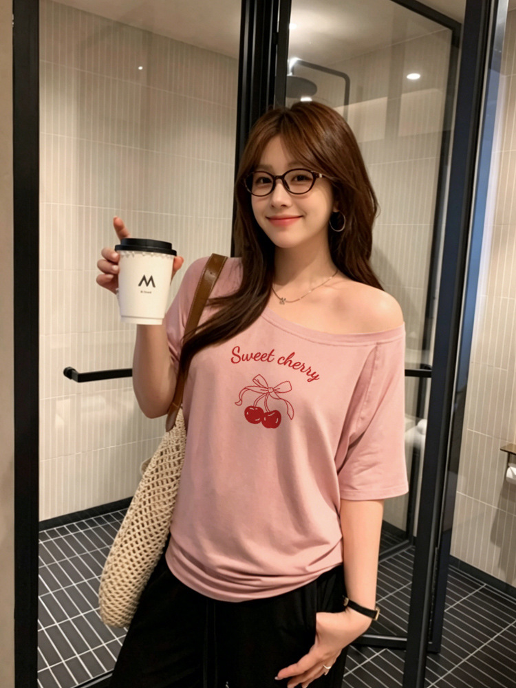 Summer New Style Pink One-Shoulder Off-Shoulder Short-Sleeved T-Shirt for Women Cartoon Cherry Print Casual Loose Top for Women