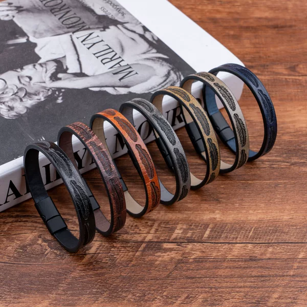 European and American Cross-Border Supply Men's Simple Feather Pu Leather Bracelet Personalized Bracelet Jewelry Wholesale Magnetic Buckle Bracelet