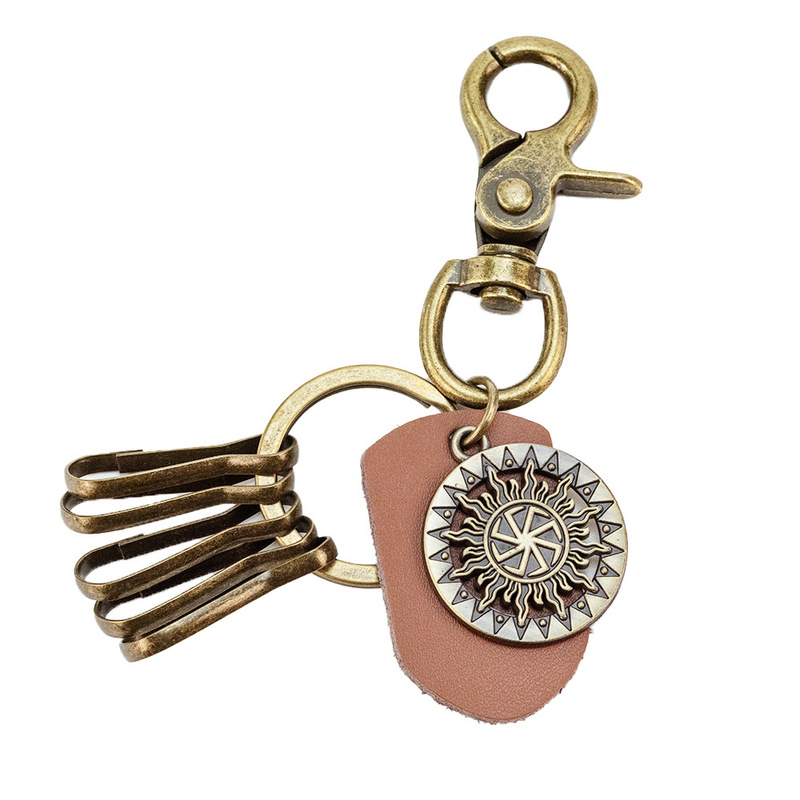 New Nordic Runa Odin Keychain with Alloy Gear Pendant, Engraved Text, Round Plate, Leather Cord, and Fire Wheel Design