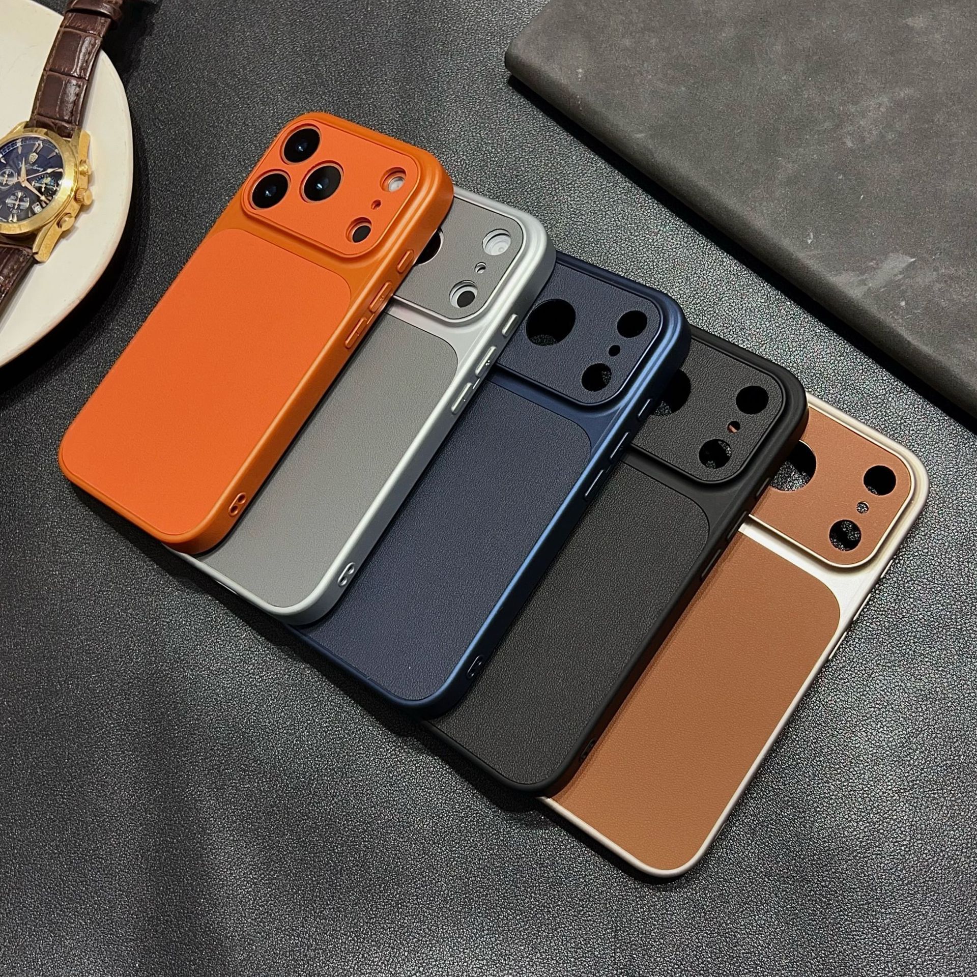 Suitable for Apple 17 Pro Max Phone Case, Solid Color, Anti-Drop, Lychee Pattern, Instant Large Window Effect, iPhone 16 Protective Cover