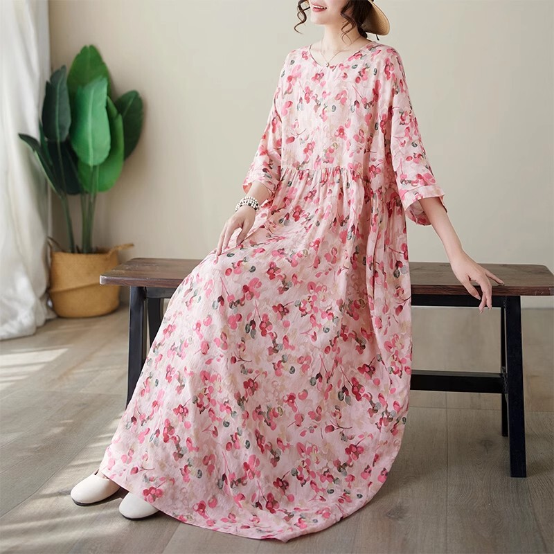 Summer Thin Round Neck Short-Sleeve Pink Fairy-Style Large Hem Simple Long Dress with a Length of 128 Cm, Pink Splicing