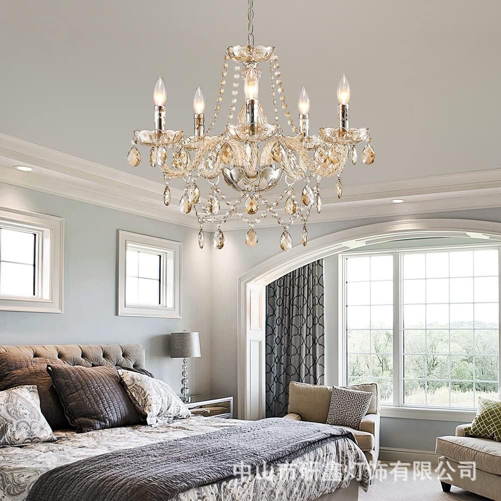 Lámpara de cristal de lujo ligera europea moderna francesa dormitorio sala de estar 5 cabezas de vidrio vela de tubo de curva fabricantes de lámparas de restaurante