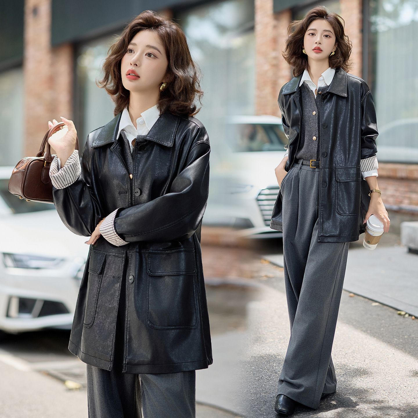 Haining Sheepskin Leather Jacket Women's New Design Super Popular Casual Loose Cool Style Mid-Length Leather Wallet