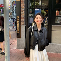 黑色短款皮衣外套女2025春秋新款小个子港风复古翻领软皮夹克机车