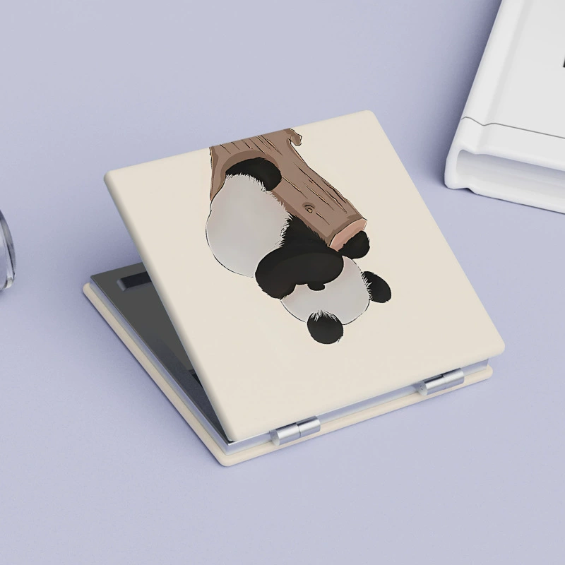 Folding Handheld Mirror, PU Leather Compact, Cute Bear & Panda Prints, Portable 0.075 kg