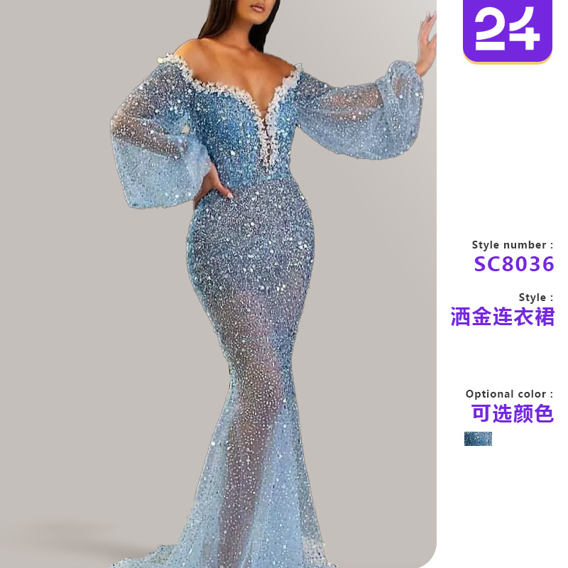 2026 Cross-Border Spring and Summer New European and American Women's Casual Dress, Elegant Gold-Spattered V-Neck See-Through Mermaid Evening Gown