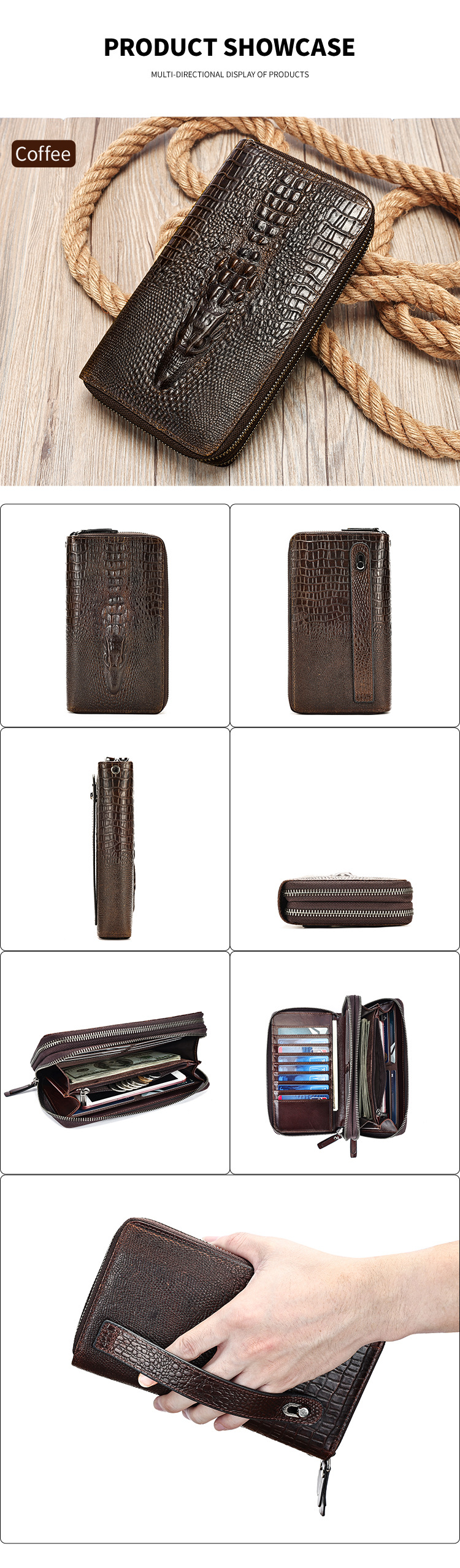Túi clutch nam da bò dập vân cá sấu cao cấp, khóa kéo đôi, dáng dài đựng điện thoại — Cà phê, màu đen chi tiết 15