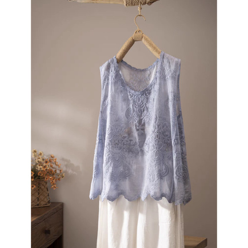 Vintage pure cotton embroidered loose vest for women—summer outerwear, retro colorful sleeveless top, Mori girl-style waistcoat.