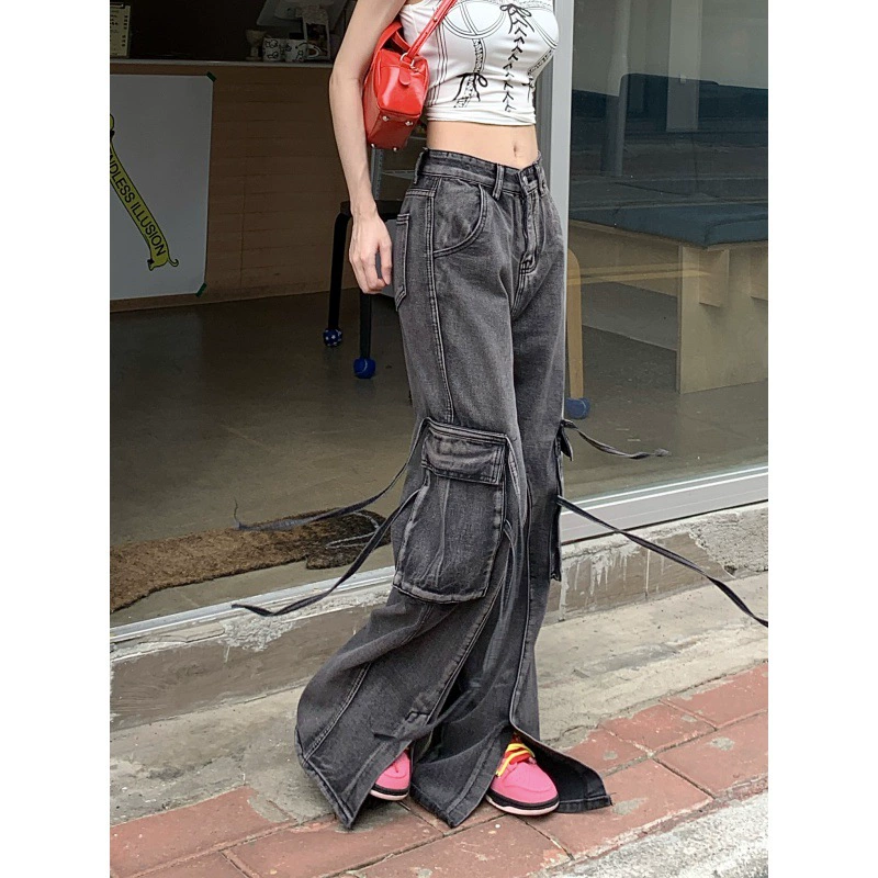 2024-май американский высокий уличный градиент черный деконструирующий джинсы женские прямые свободные брюки