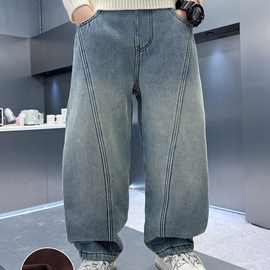 男童加绒裤子2025新款秋冬一体绒直筒牛仔裤大儿童加厚长裤宽松潮