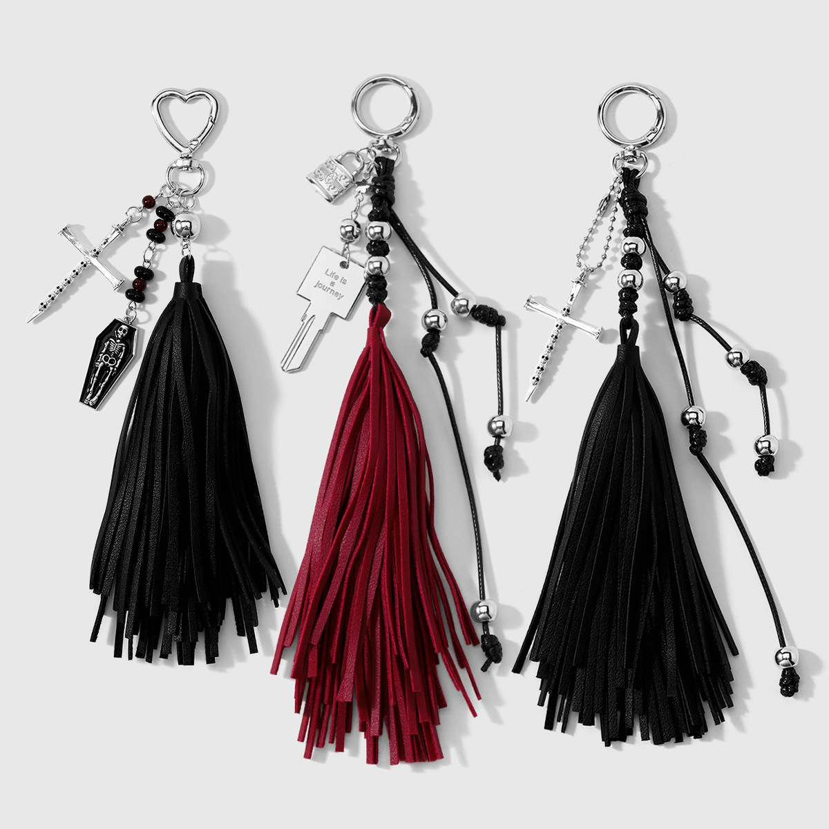 y2k punk oscuro viento multicolor cuero bordilla ataúd esqueleto cruz cuentas DIY llavero bolso colgante