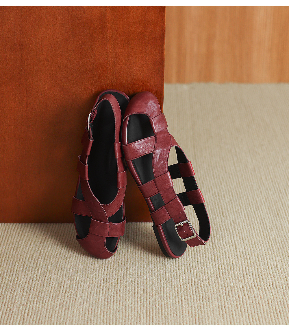 Sandal nữ bệt bọc mũi da bò đan vintage phong cách La Mã — Gạch đỏ chi tiết 22