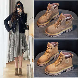 欧洲站马丁靴女2023秋季软底复古女短靴牛反绒磨砂工装靴软底增高