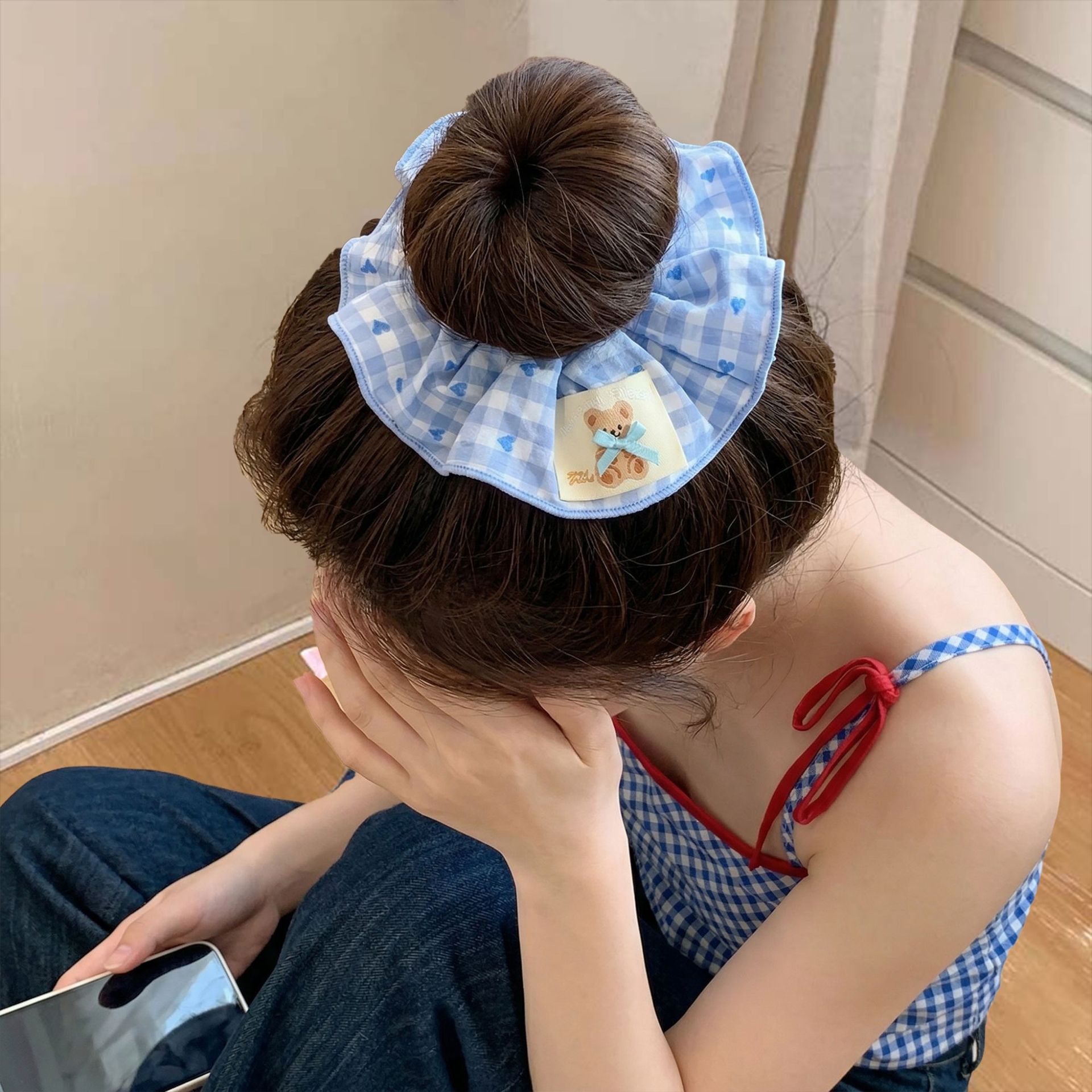 84# light blue plaid love patch bear hair tie about 13cm