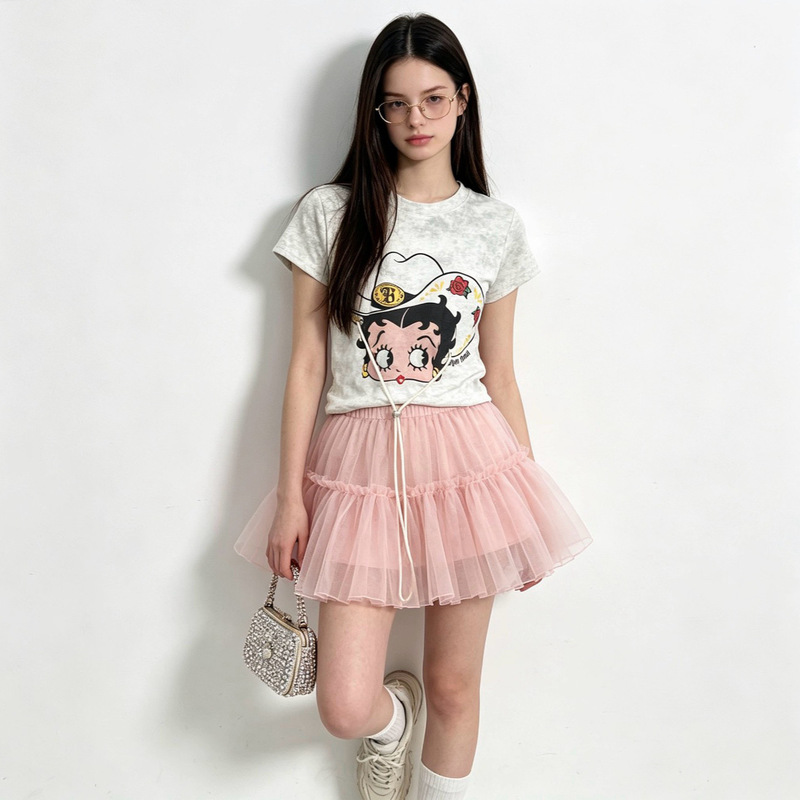 Shenshenjia American-Style Trendy Slim-Fit Tie-Dye Short Top Summer Cartoon Betty Print Fashion Short-Sleeve T-Shirt for Women