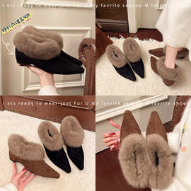 跨境大码绒面尖头毛毛鞋女2026新款内高增鞋棉鞋秋冬保暖加绒单鞋