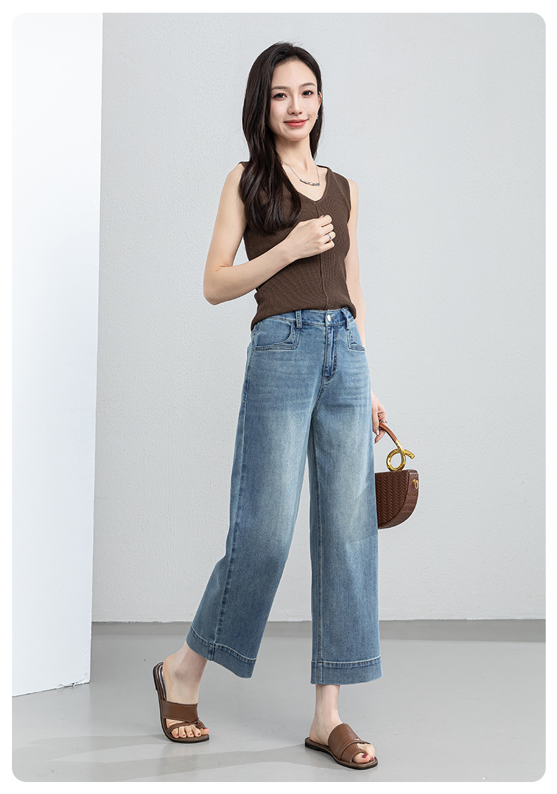 Quần jean nữ ống rộng cạp cao dáng suông mùa hè — Xanh da trờicolor chi tiết 24