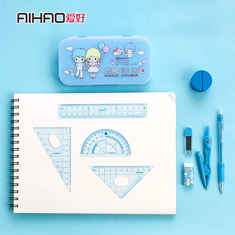 Stationery, set for pencils, eraser, triangular teaching ruler