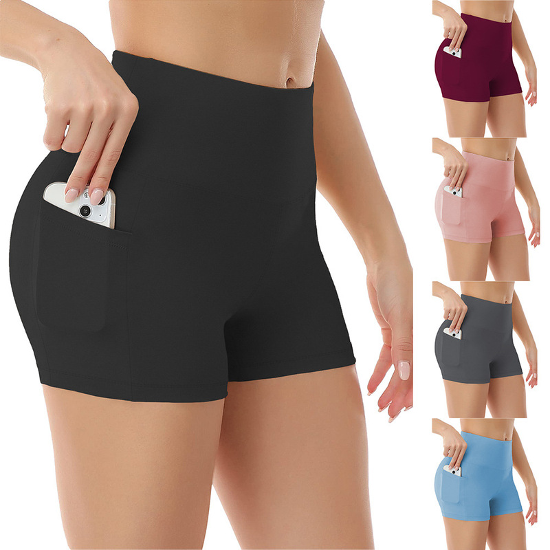 European and American pocket three-point yoga pants summer thin high waist shorts fitness sports three-point anti-exposure leggings