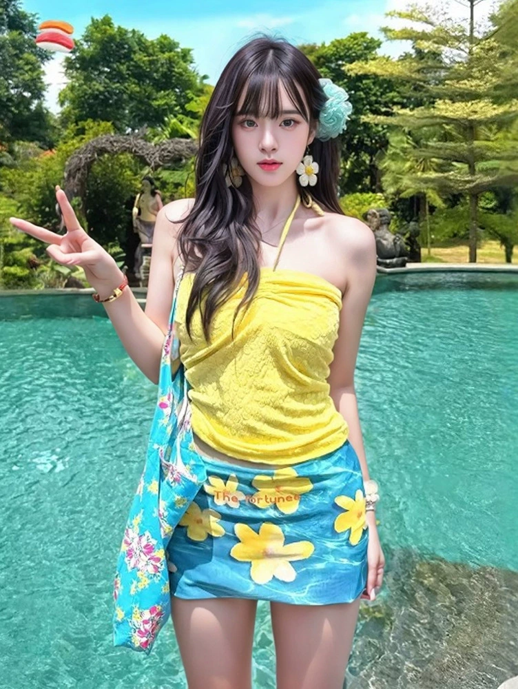 Split swimwear, set, high-end tube top, 3 piece set, polyester