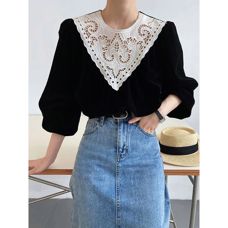 Gold Velvet Top Women's Autumn New Design Palace Style Lace French Chic Puff Sleeve Shirt