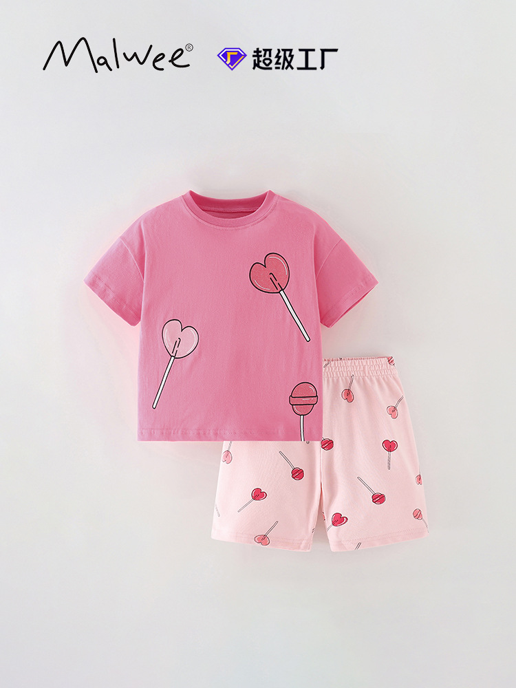 Malwee niñas traje verano nuevo europeo y americano medio y niños pequeños estilo occidental impreso casual pantalones de manga corta conjunto de dos piezas