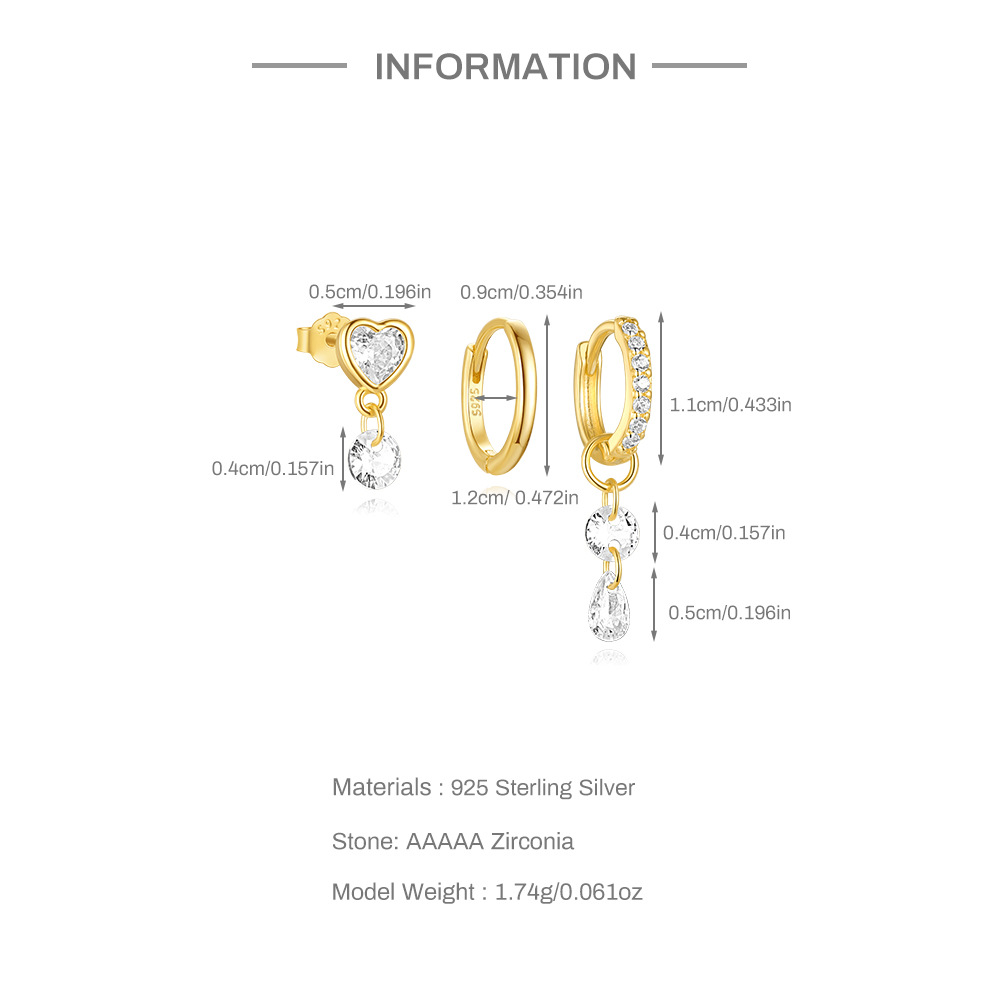 5g Weight 925 Sterling Silver Ear Needle Material Zircon Inlay Material Earrings Classification 3 Pieces Set Quantity Daily, Street Occasion 925 Sterling Silver Material Geometric Pattern Women's Gender Inlay Design Simple Style, Shiny Style 3 Pieces Set 925 Sterling Silver Zircon Geometric Earrings 1