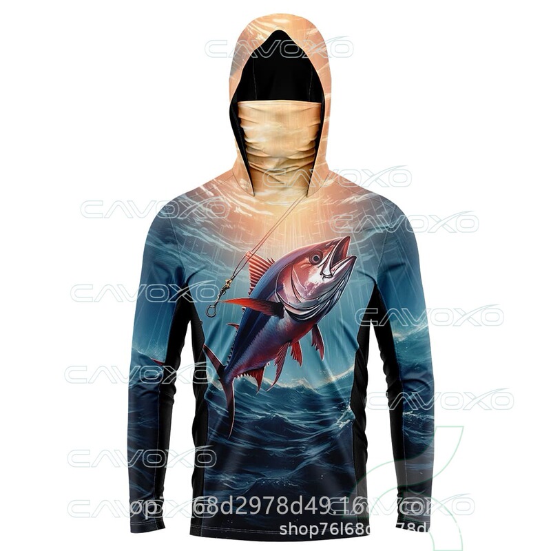 Ice Silk Fishing Clothing, Lightweight, Breathable, Quick-Drying, Sun Protection Clothing, Outdoor Fishing Long-Sleeved Mask Hoodie, 3D Digital Printing