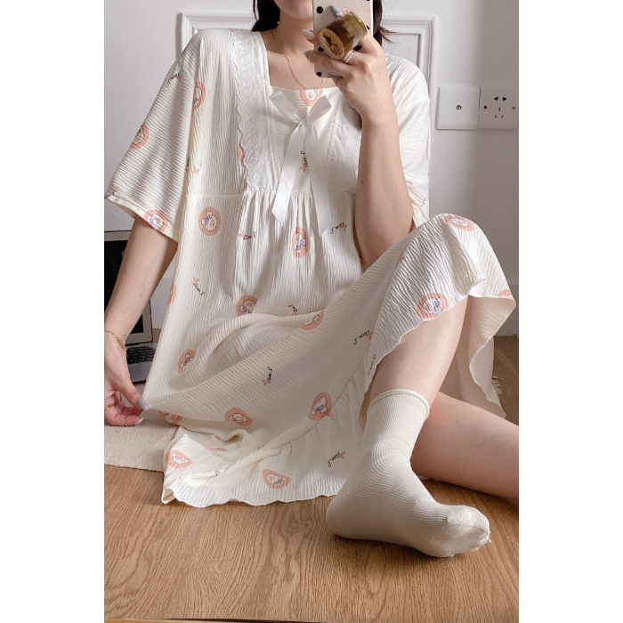 2024 verano cuello cuadrado tela de algodón arrugada delgada mangas cortas dulces pijamas largas niñas ropa de hogar comercio exterior al por mayor