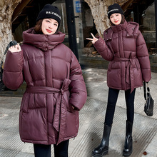 2025冬新款欧美亚马逊跨境女装纯色舒适简约亮面连帽系腰保暖棉服