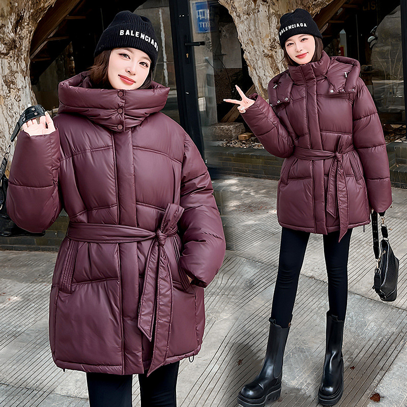 2025冬新款欧美亚马逊跨境女装纯色舒适简约亮面连帽系腰保暖棉服