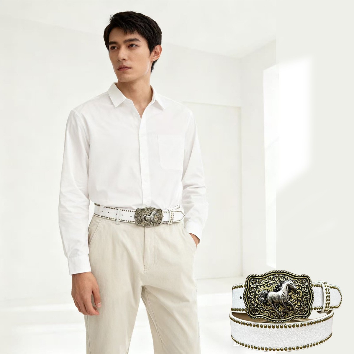 Western cowboy belt, youth punk style embossed men's studded leather belt, wholesale ethnic style belt in stock.