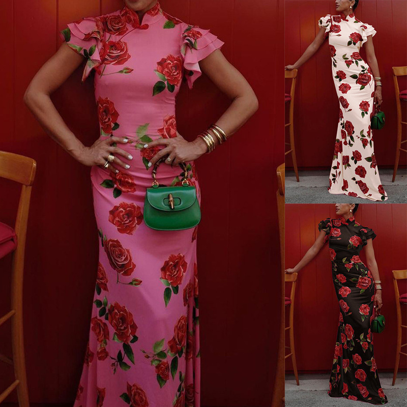 Amazon Independent Station European and American Women's New Sleeveless Casual Printed dress National Style New Chinese Cheongsam 8069