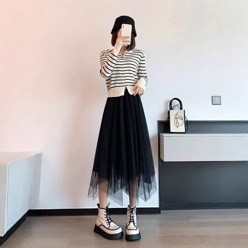 纱裙女半身裙秋冬2023新款不规则显瘦网纱半裙高腰黑色蓬蓬a字裙